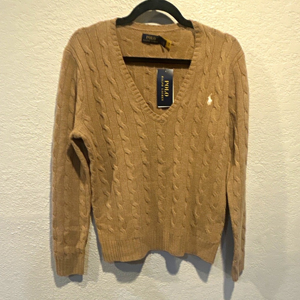 Women's Polo Ralph Lauren Cable Knit V-Neck Pullover Sweater L Beige